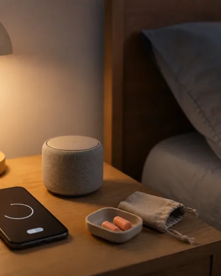 table de nuit calme avec minuteur et écouteurs pour tester le bruit rose avant de dormir
