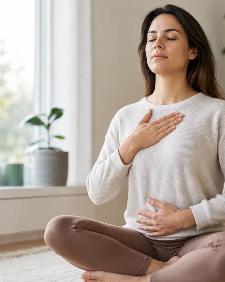 femme assise près d’une fenêtre avec une main sur le ventre pour pratiquer la respiration 4 6 contre le stress