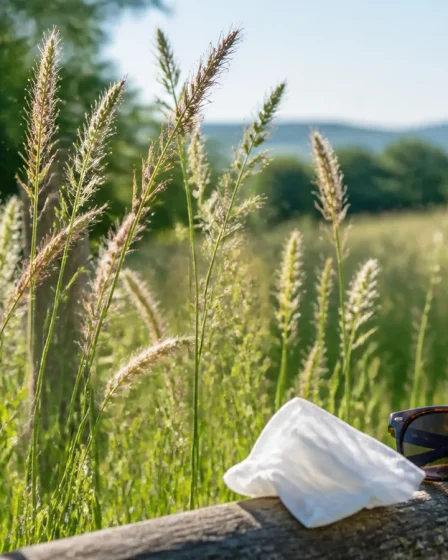 Graminées en fleurs dans une prairie avec lunettes et mouchoir