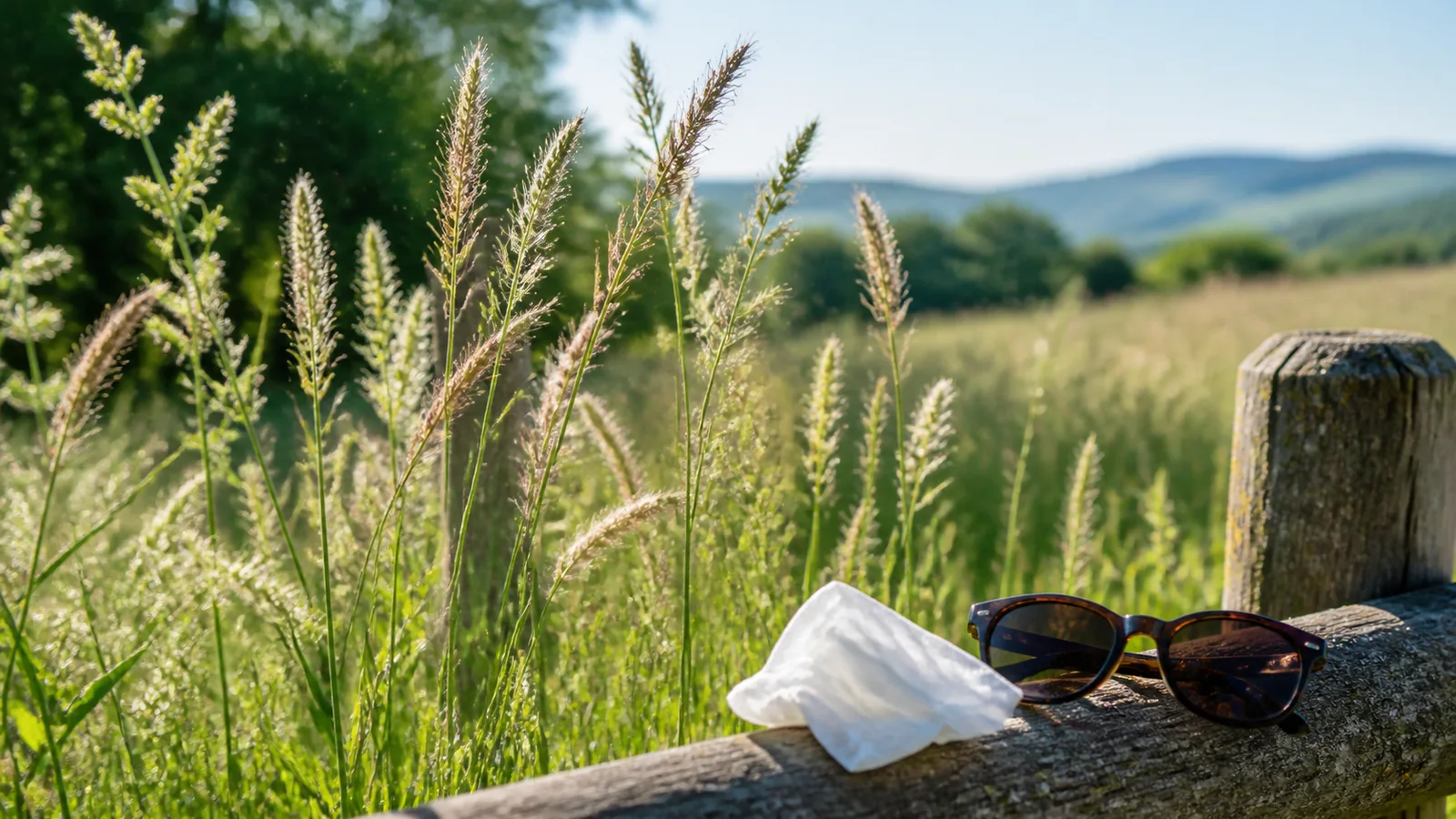 Graminées en fleurs dans une prairie avec lunettes et mouchoir