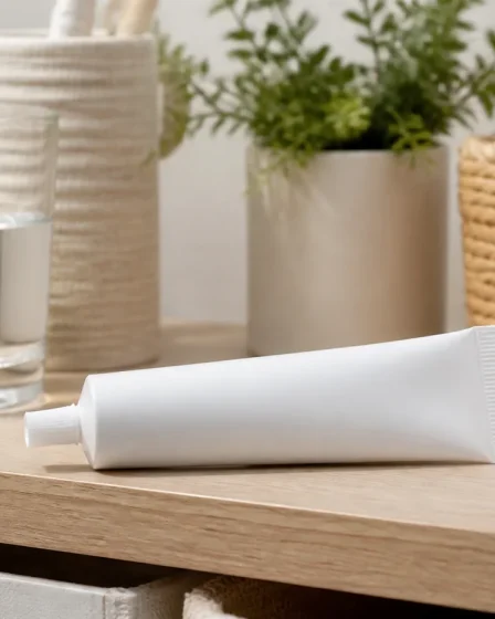 Tube de crème de soin posé sur une étagère de salle de bain