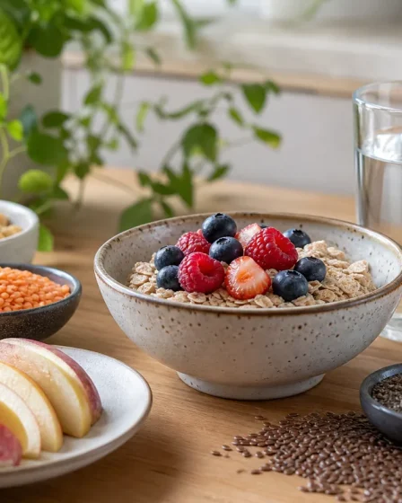 bol de flocons d avoine fruits rouges graines de chia lentilles et verre d eau pour fibermaxxing sans ballonnements
