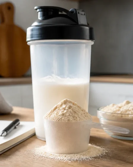 Whey protéine en poudre avec shaker sur un plan de travail