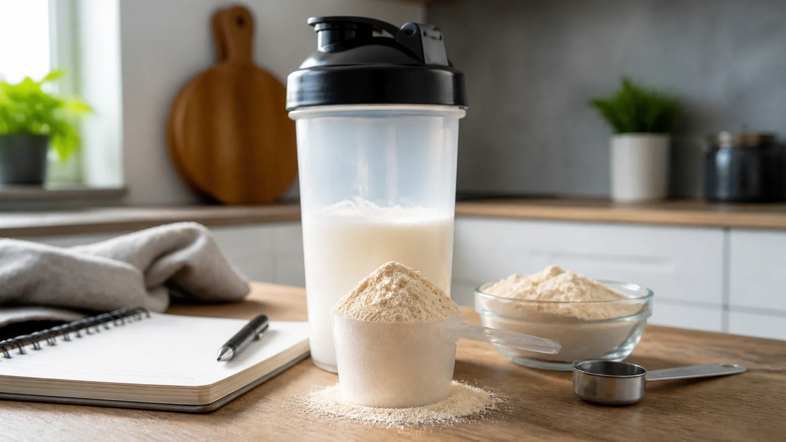 Whey protéine en poudre avec shaker sur un plan de travail