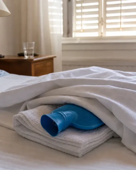 Bouillotte froide enveloppée dans une serviette pour rafraîchir le lit pendant la canicule