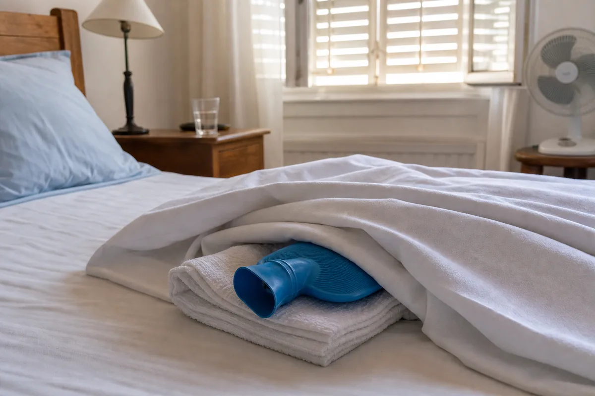 Bouillotte froide enveloppée dans une serviette pour rafraîchir le lit pendant la canicule
