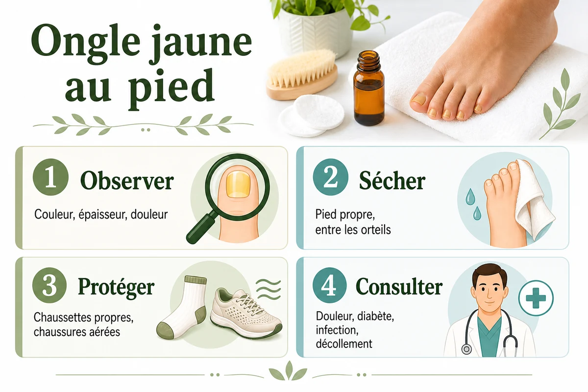 Infographie sur les gestes utiles face à un ongle de pied jaune