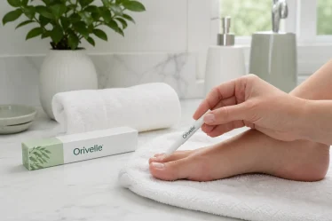 Soin local Orivelle appliqué sur un ongle de pied propre et sec