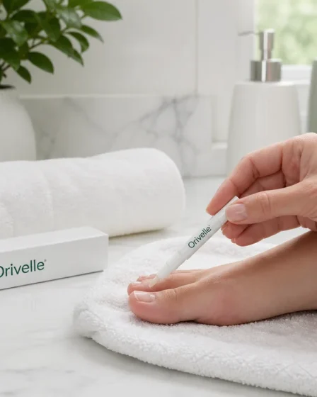 Soin local Orivelle appliqué sur un ongle de pied propre et sec