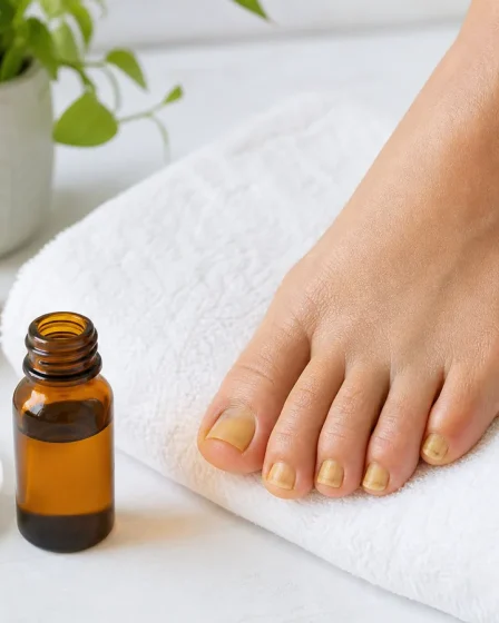 Soin naturel d un ongle de pied jaune avec pied propre serviette et huile de soin