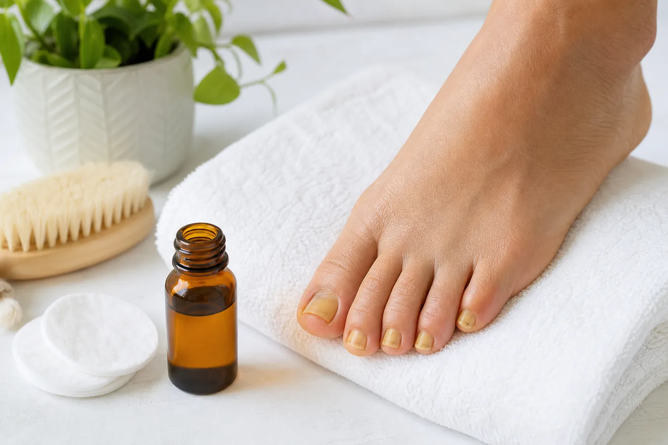 Soin naturel d un ongle de pied jaune avec pied propre serviette et huile de soin
