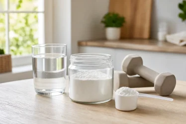 créatine ménopause dosage avec poudre blanche, verre d’eau et haltère léger