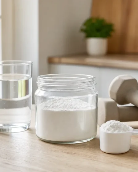 créatine ménopause dosage avec poudre blanche, verre d’eau et haltère léger