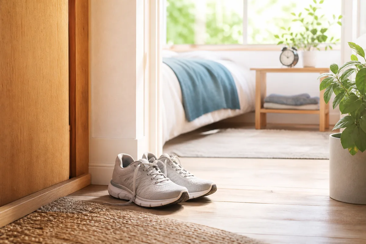 Chaussures de marche près d’une chambre lumineuse pour mieux dormir
