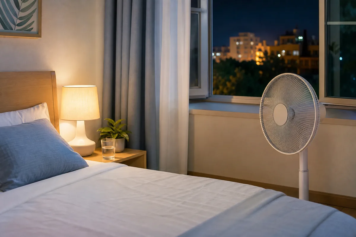 Ventilateur dans une chambre la nuit pour éviter la gorge sèche au réveil