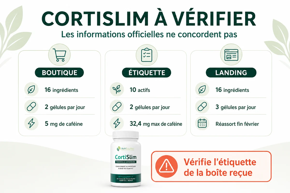 Comparaison des informations CortiSlim publiées par la boutique, l’étiquette et la landing