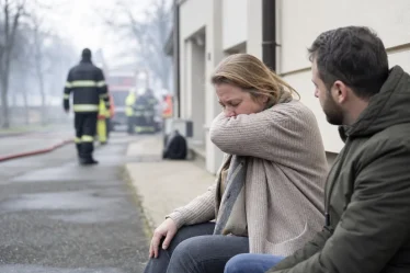 Femme à l’air libre après avoir inhalé de la fumée lors d’un incendie