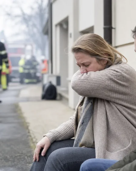 Femme à l’air libre après avoir inhalé de la fumée lors d’un incendie