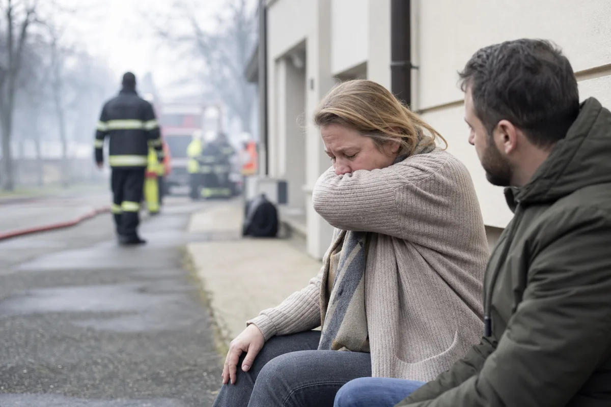 Femme à l’air libre après avoir inhalé de la fumée lors d’un incendie
