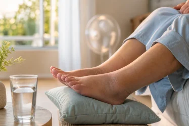 Pieds gonflés par la chaleur avec chevilles surélevées et verre d’eau à portée de main