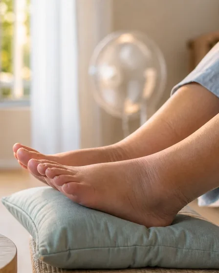 Pieds gonflés par la chaleur avec chevilles surélevées et verre d’eau à portée de main