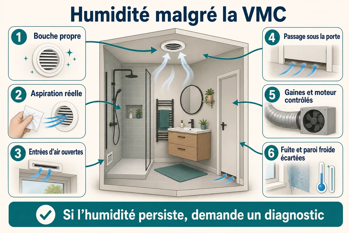 Six vérifications quand la salle de bain reste humide malgré la VMC