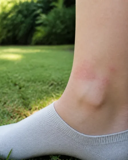 Cheville avec petits boutons rouges après un passage dans l’herbe en été