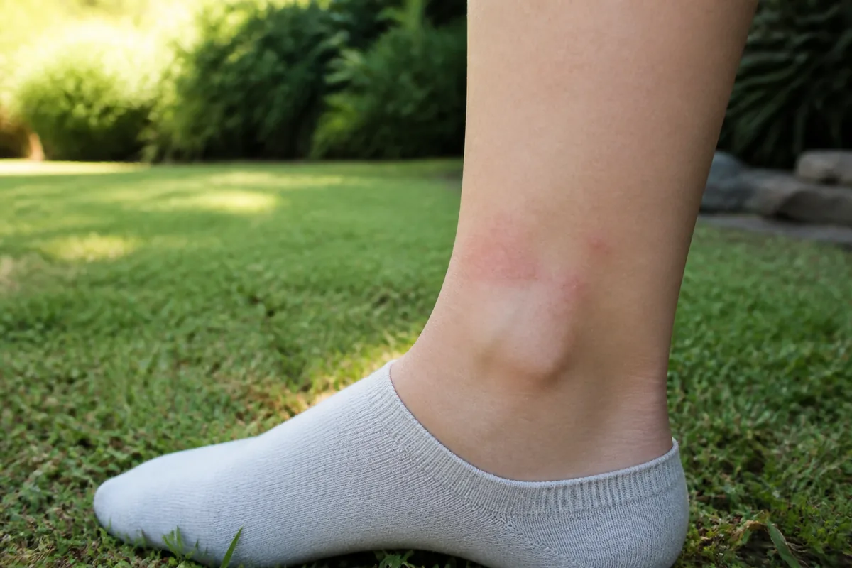 Cheville avec petits boutons rouges après un passage dans l’herbe en été