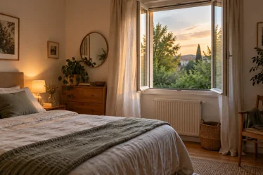Chambre aérée par une fenêtre ouverte au début de soirée en septembre