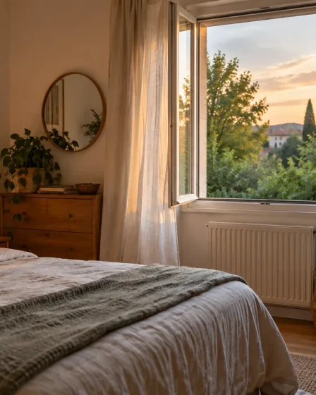 Chambre aérée par une fenêtre ouverte au début de soirée en septembre