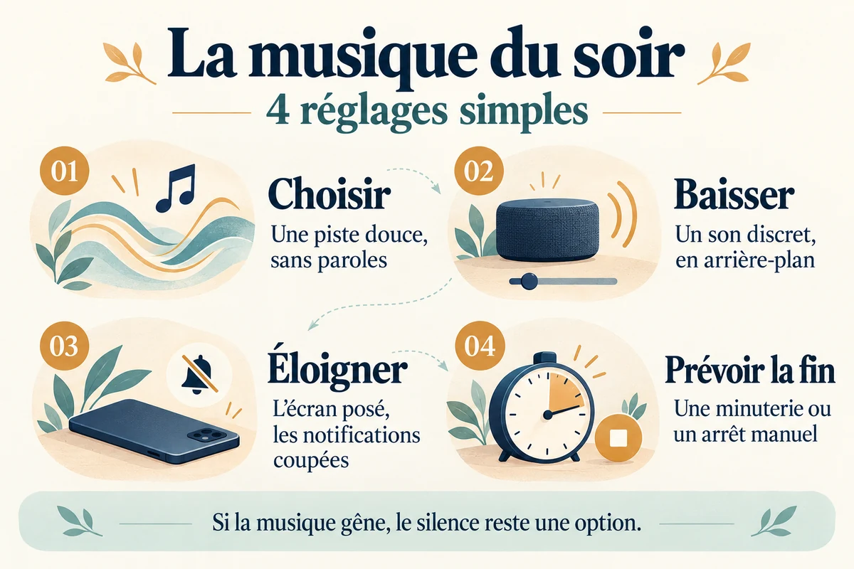 Infographie des quatre réglages de la musique du soir, choix de la piste, volume discret, écran posé et fin de l’écoute