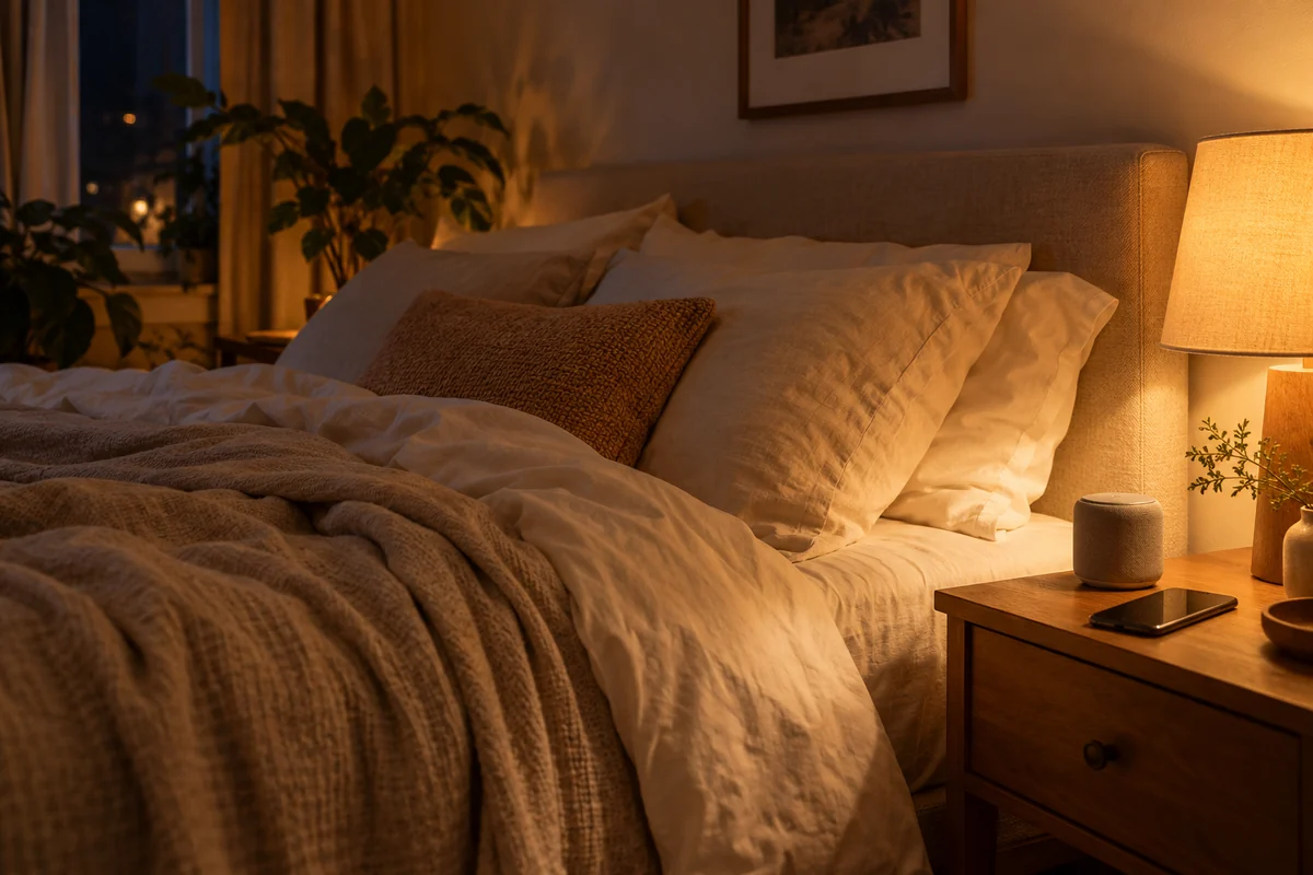 Chambre chaleureuse avec un lit ivoire, une lampe douce, une petite enceinte et un téléphone éteint